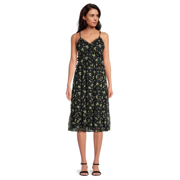 No Boundaries Black Floral Ruffle Midi Dress S Cabincore Dark Fairy Romance Boho - Picture 1 of 13